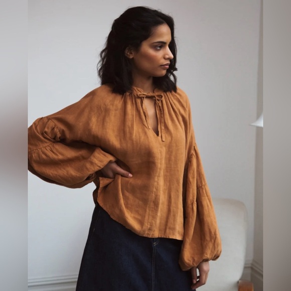 Beaumont‎ Organic Francesca Linen Top In Almond linen blouse balloon sleeves - Picture 2 of 13